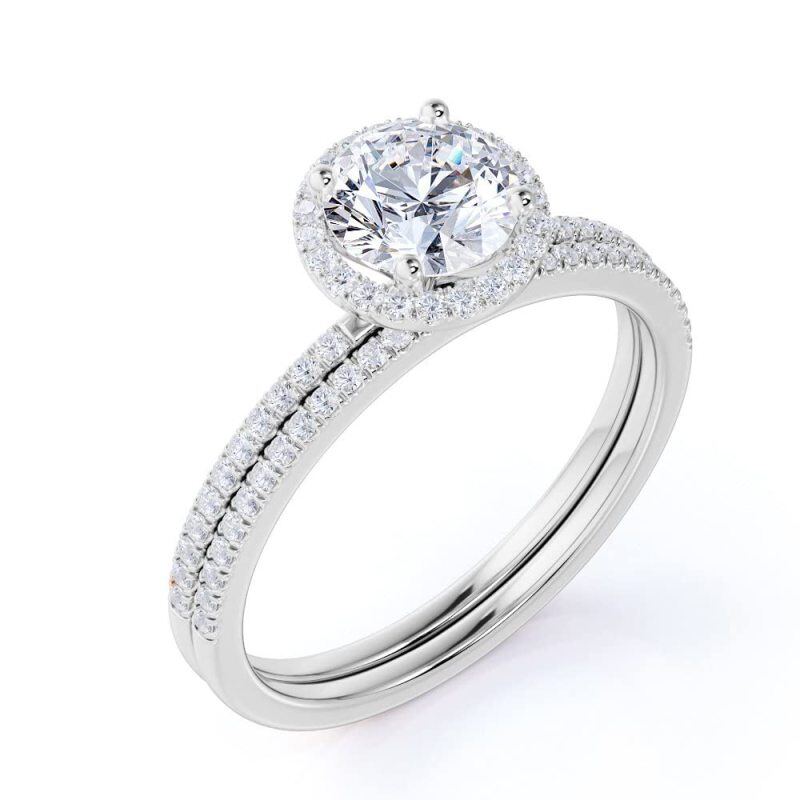 Aliança de casamento personalizada com gravação em ouro rosa 14K e moissanita redonda.-3