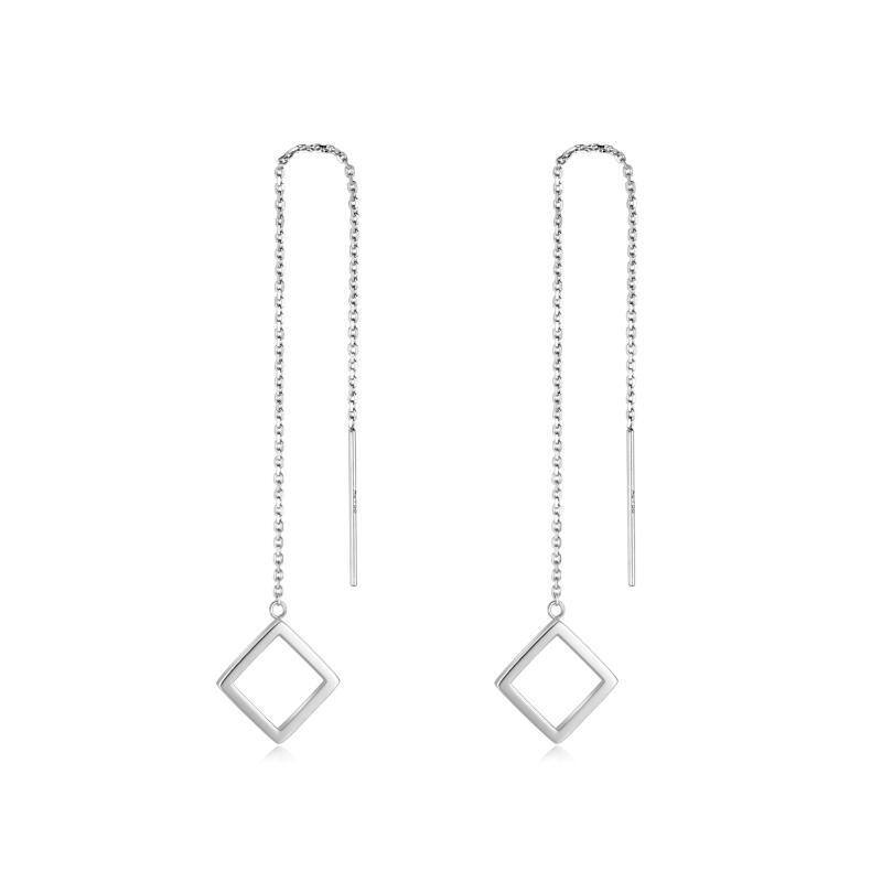 10K White Gold Square Long Chain Dangle Threader Earrings for Women-1