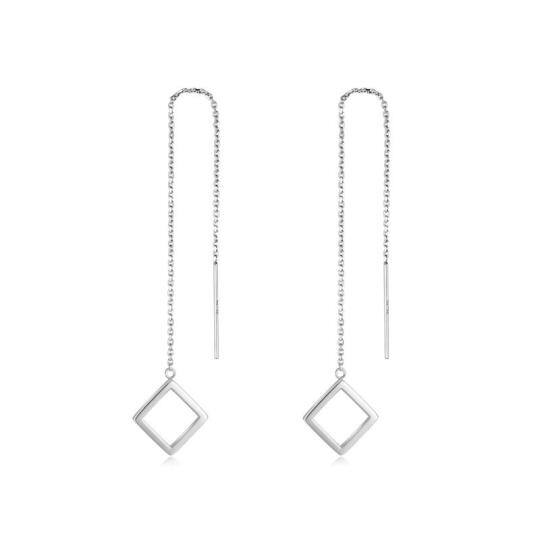 10K White Gold Square Long Chain Dangle Threader Earrings for Women