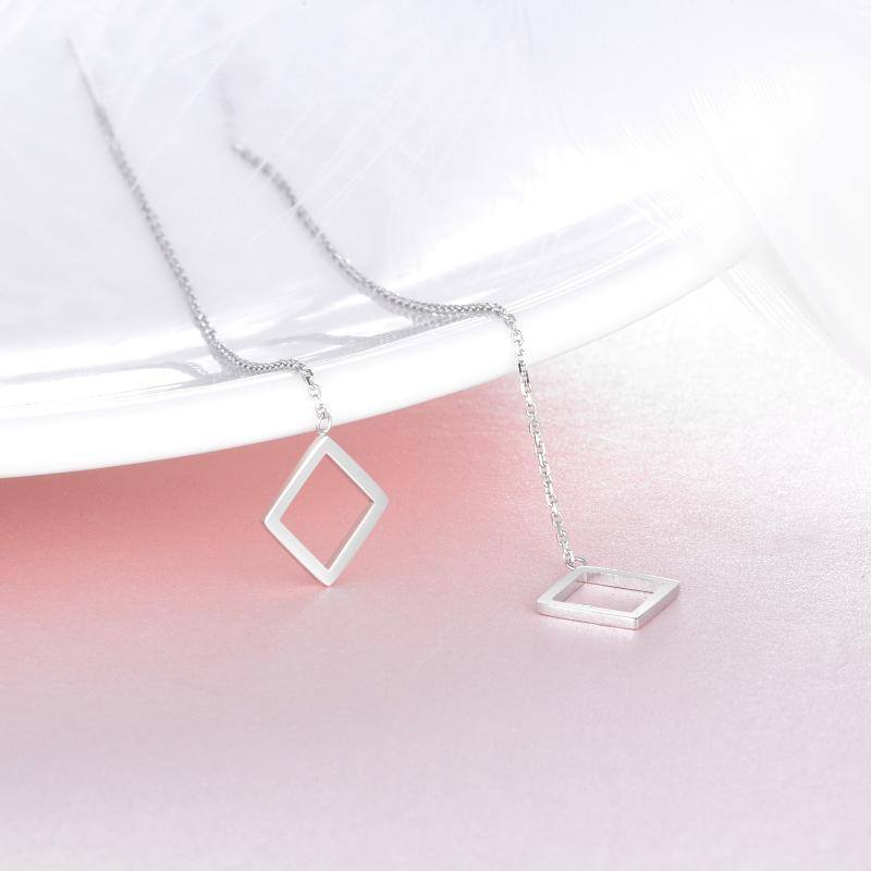 10K White Gold Square Long Chain Dangle Threader Earrings for Women-3