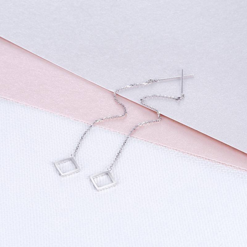 Brincos de ouro branco 10K com corrente longa e pingente de rosca para mulheres-4