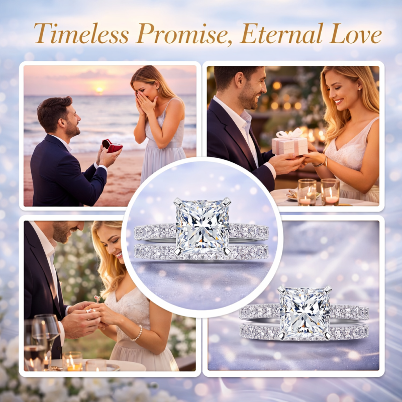 10K Oro Blanco Juego de Boda de Moissanita con Corte Princesa de 1 a 6 CT-4