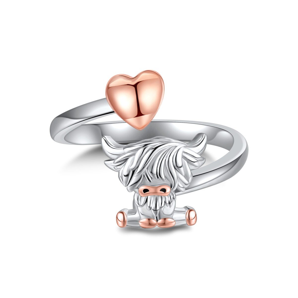 10K White Gold Two-tone Highland Cow Open Ring for Women Men-1