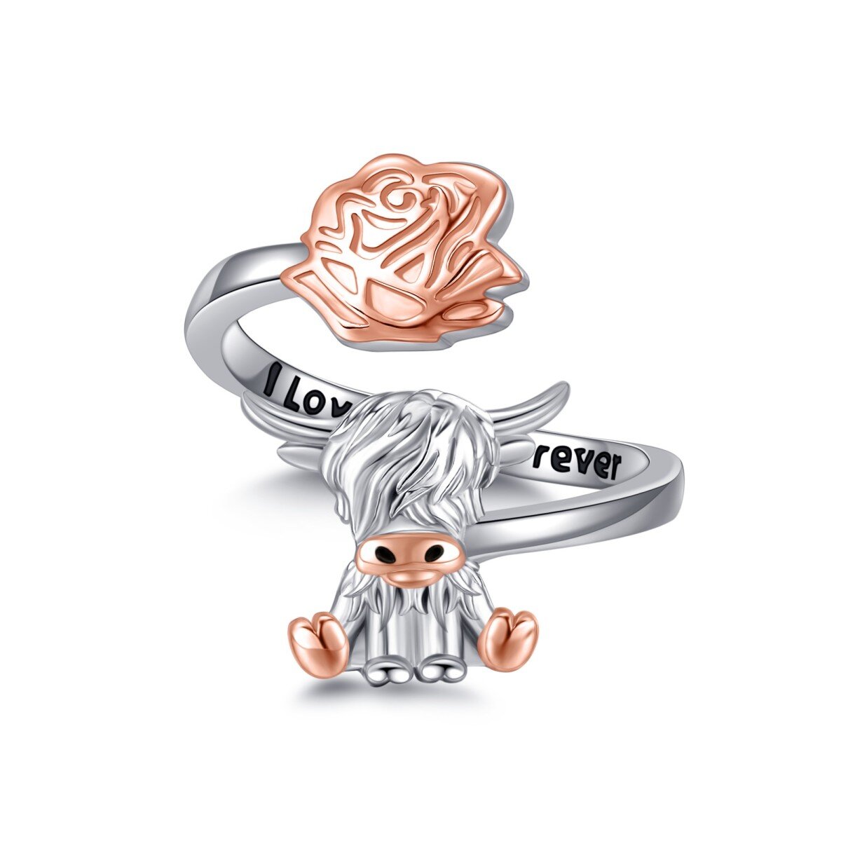 Sterling Silver Two-tone Highland Cow Rose Open Ring with Engraved Word for Women-1