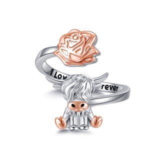 Sterling Silver Two-tone Highland Cow Rose Open Ring with Engraved Word for Women-4