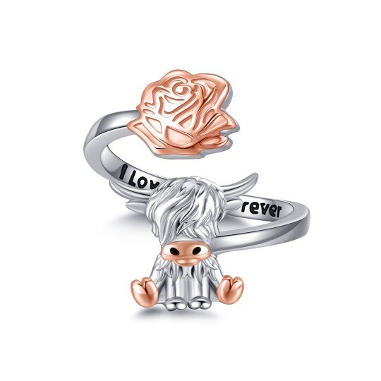 Anillo abierto de plata de ley en dos tonos con diseño de vaca de las Tierras Altas y rosa con palabra grabada para mujer