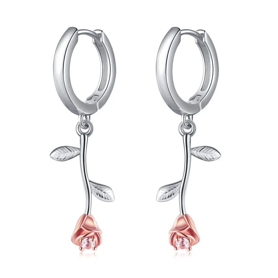 Sterling Silver Two-tone Leaves & Rose Drop Earrings for Women-1