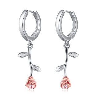 Sterling Silver Two-tone Leaves & Rose Drop Earrings for Women-9