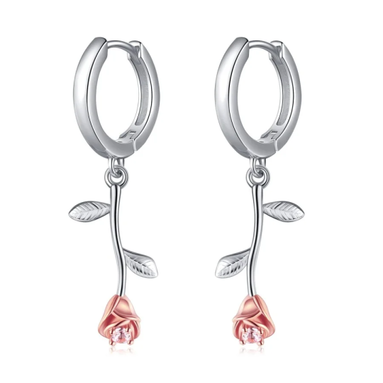 Sterling Silver Two-tone Leaves & Rose Drop Earrings for Women