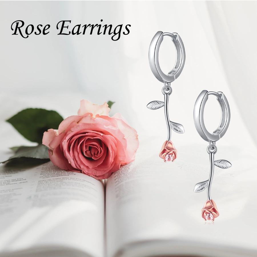 Sterling Silver Two-tone Leaves & Rose Drop Earrings for Women-6