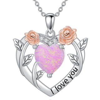 Sterling Silver Two-tone Moissanite & Opal Rose Heart Necklace for Women-12