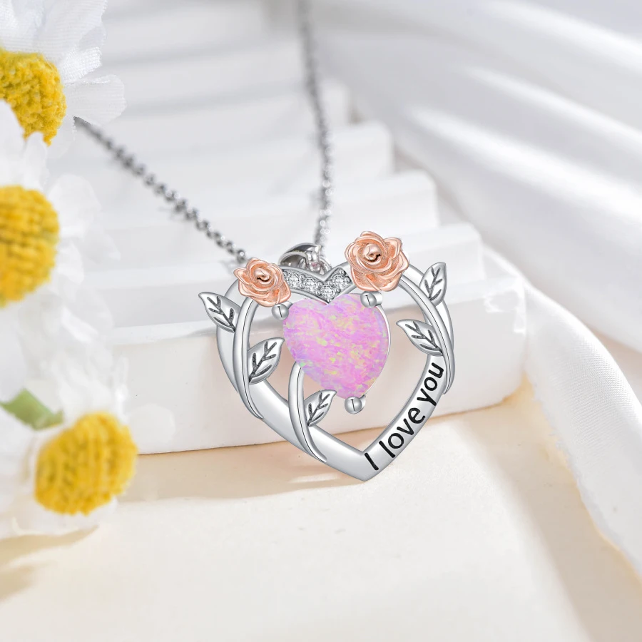 Sterling Silver Two-tone Moissanite & Opal Rose Heart Necklace for Women-3