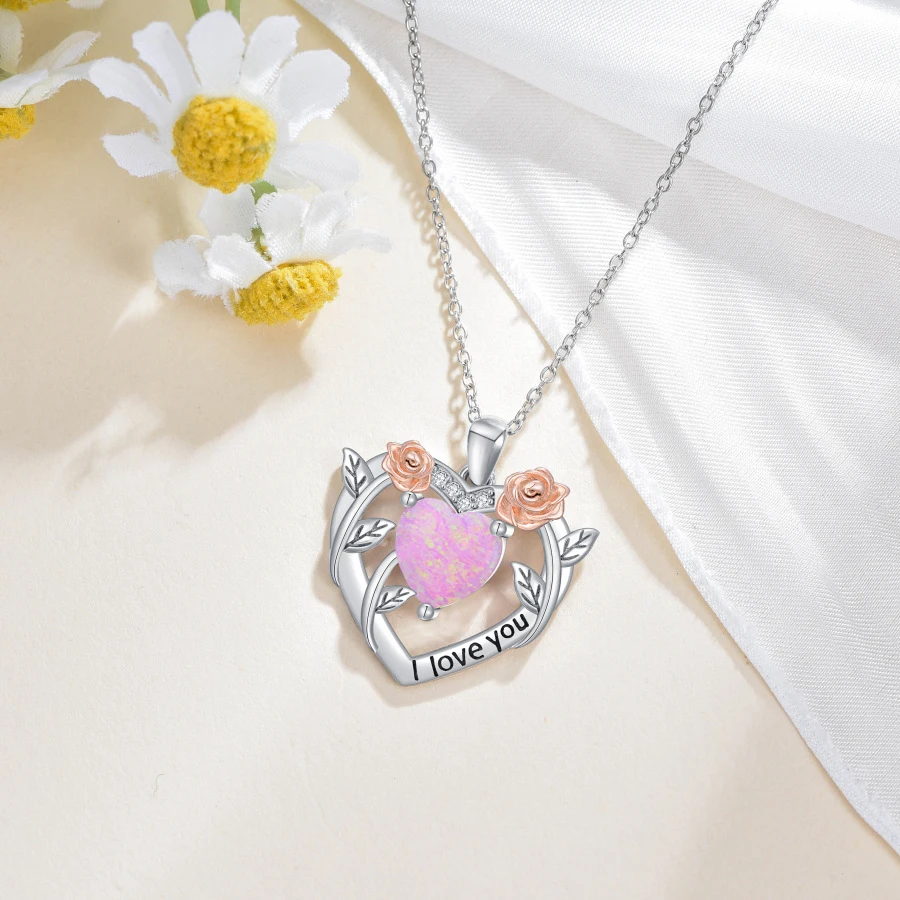 Sterling Silver Two-tone Moissanite & Opal Rose Heart Necklace for Women-5