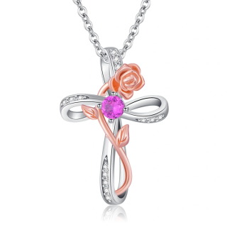 Sterling Silver Two-tone Personalized Birthstone Rose Cross Necklace for Women-23