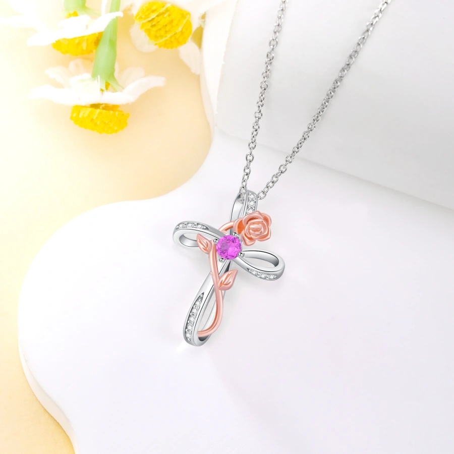 Sterling Silver Two-tone Personalized Birthstone Rose Cross Necklace for Women-4