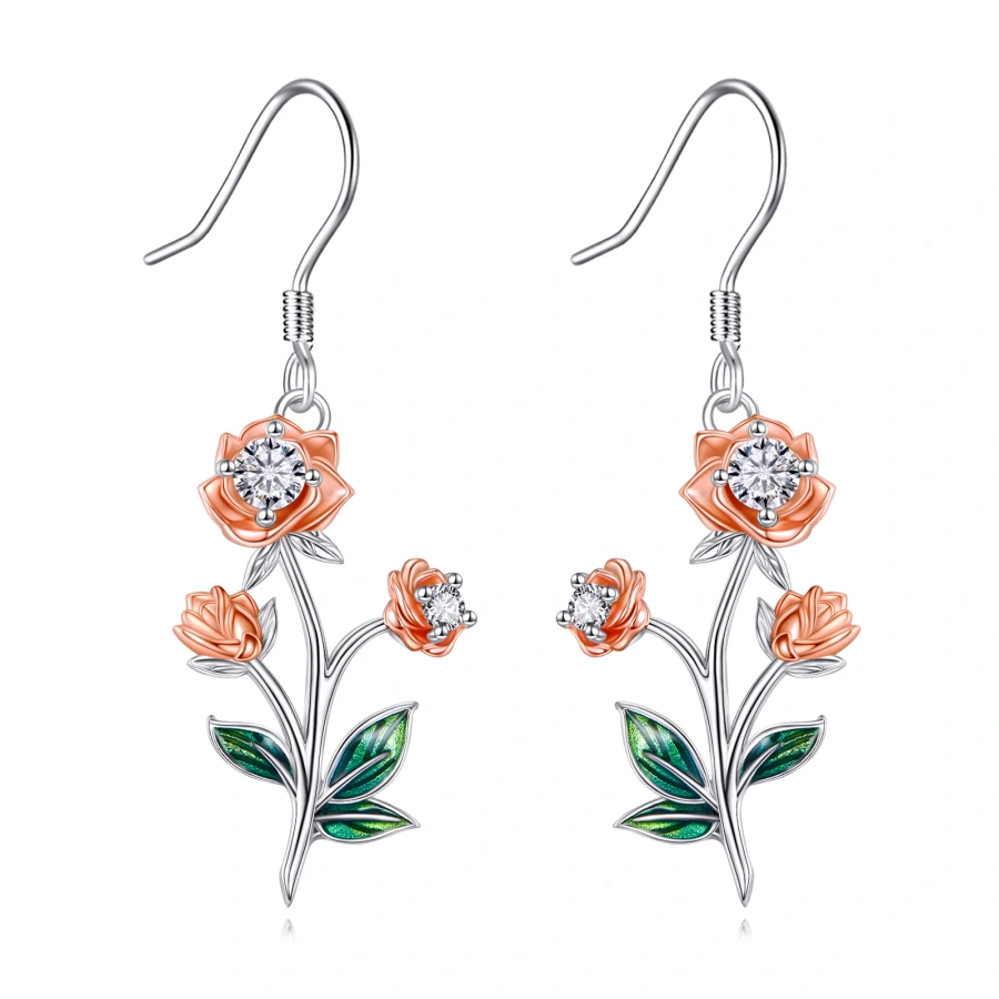 Sterling Silver Two-tone Cubic Zirconia Rose Drop Earrings for Women-1