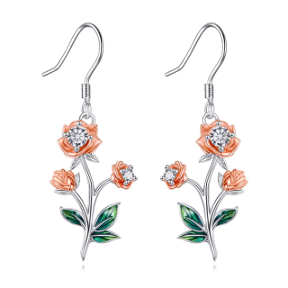 Sterling Silver Two-tone Cubic Zirconia Rose Drop Earrings for Women-8