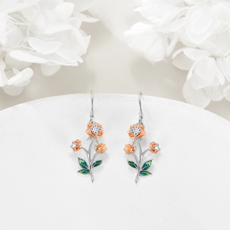 Sterling Zilveren Tweekleurige Cubic Zirconia Roos Oorbellen voor Vrouwen-3