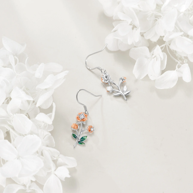 Sterling Zilveren Tweekleurige Cubic Zirconia Roos Oorbellen voor Vrouwen-4