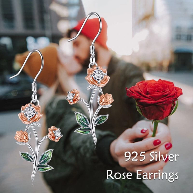 Sterling Zilveren Tweekleurige Cubic Zirconia Roos Oorbellen voor Vrouwen-6