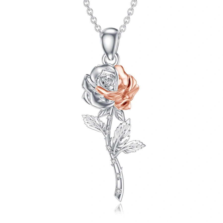 Sterling Silver Two-tone Cubic Zirconia Rose Necklace for Women-1