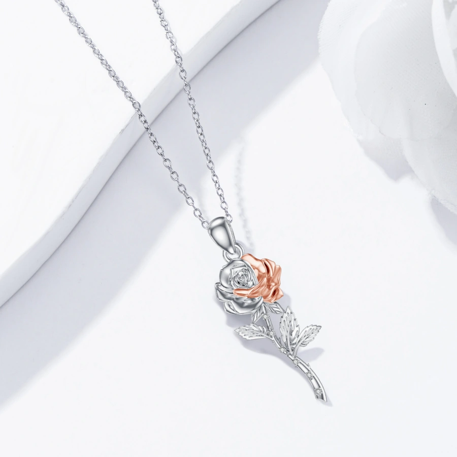 Sterling Silver Two-tone Cubic Zirconia Rose Necklace for Women-3