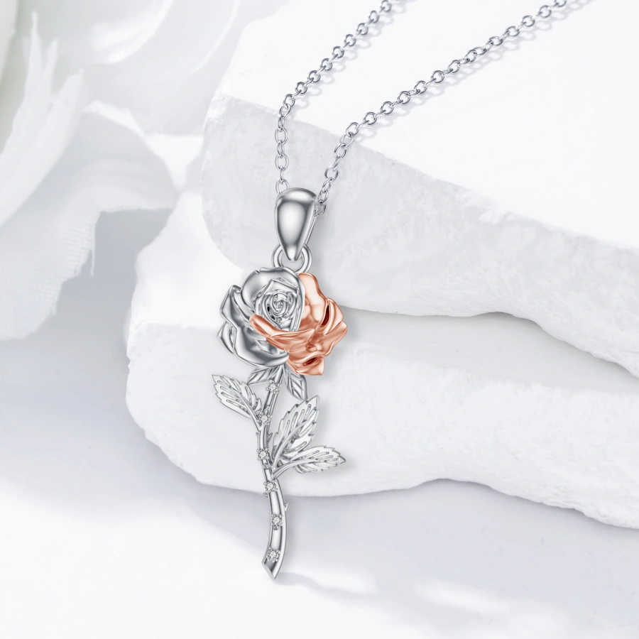 Sterling Silver Two-tone Cubic Zirconia Rose Necklace for Women-4