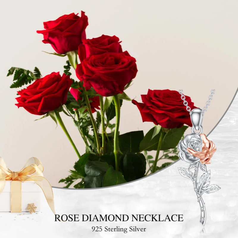 Collar de plata de ley con circonita cúbica en dos tonos y forma de rosa para mujer-6