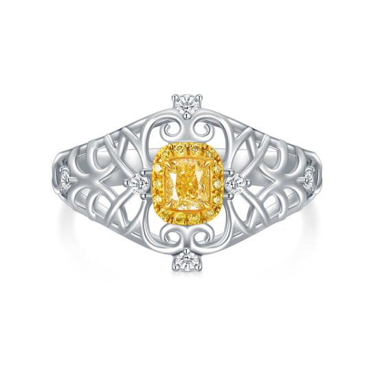 Bague classique personnalisée avec nom en or blanc 18 carats et foret jaune