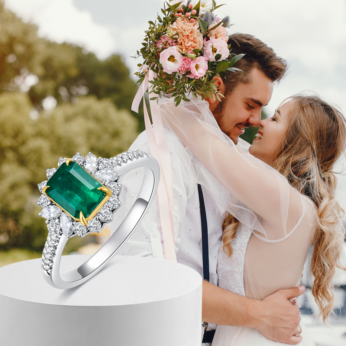 Bague de mariage carrée en or blanc 18 carats avec émeraude et carré de princesse pour femme-6