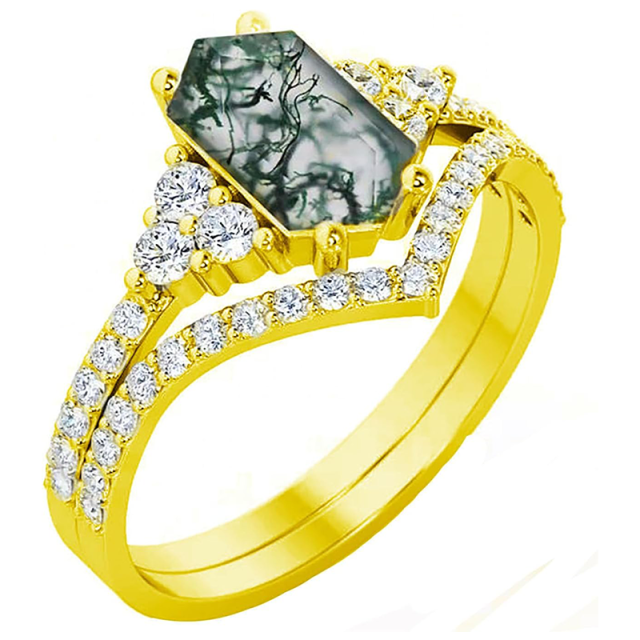 Anello in oro giallo 18 carati con agata muschiata e moissanite-1