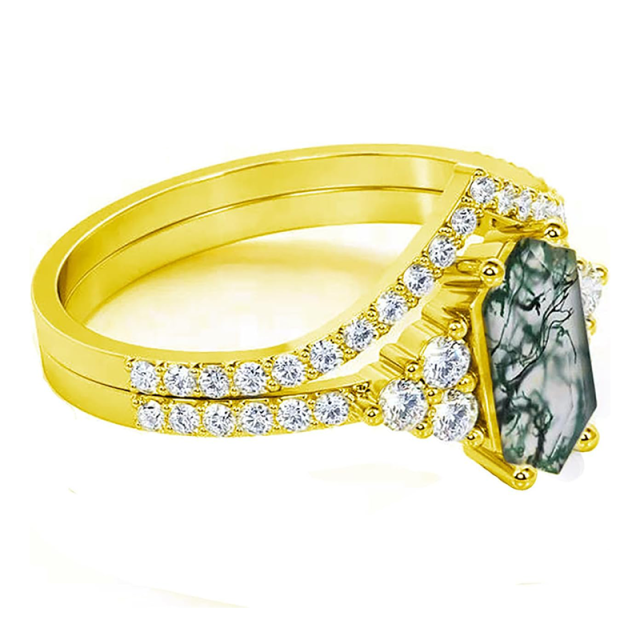 18K Yellow Gold Moss Agate With Moissanite Ring-2