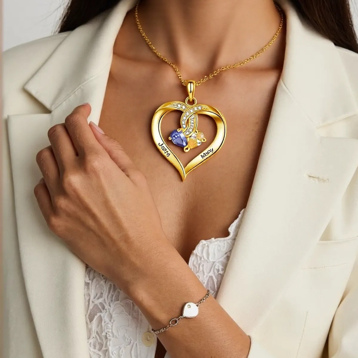 10K Yellow Gold Personalized Birthstone & Engraving Heart Pendant Necklace For Women Best Friends-2