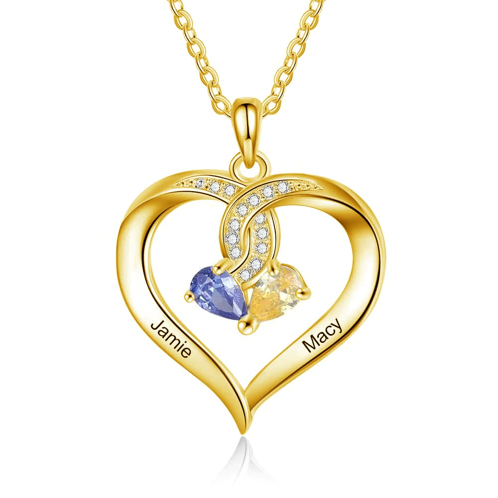10K Yellow Gold Personalized Birthstone & Engraving Heart Pendant Necklace For Women Best Friends-3