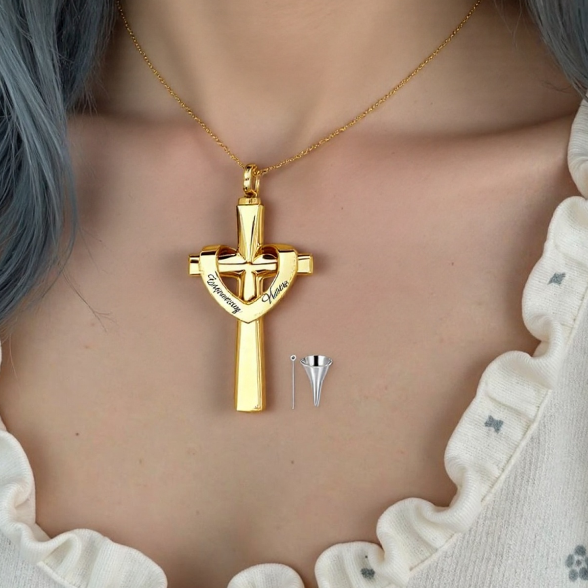 10K Yellow Gold Personalized Engraving Cross Heart Urn Cremation Necklace for Ashes-2