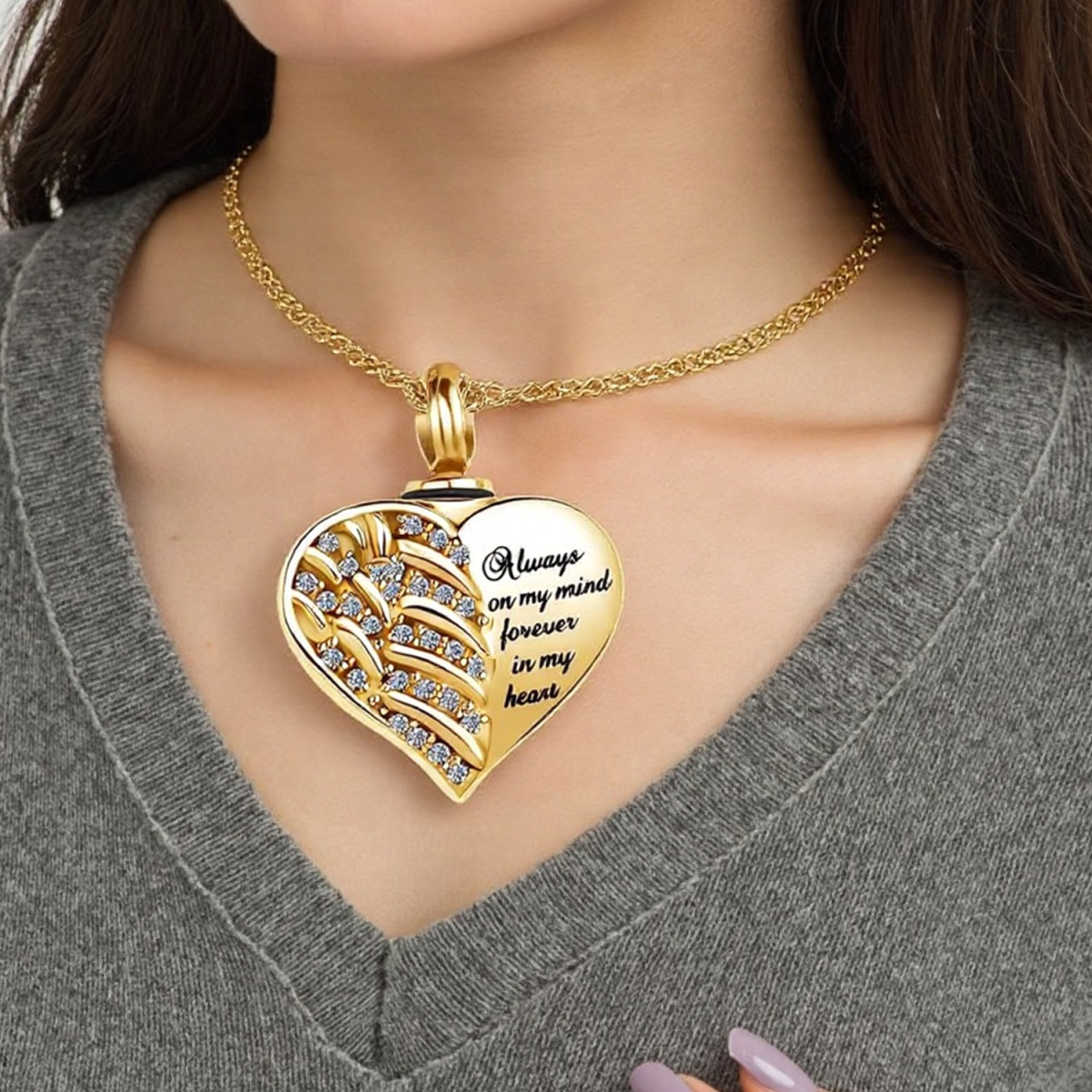 14K Yelow Gold Cubic Zirconia Angel Wing Personal Engraving Heart Urn Necklace for Ashes-2