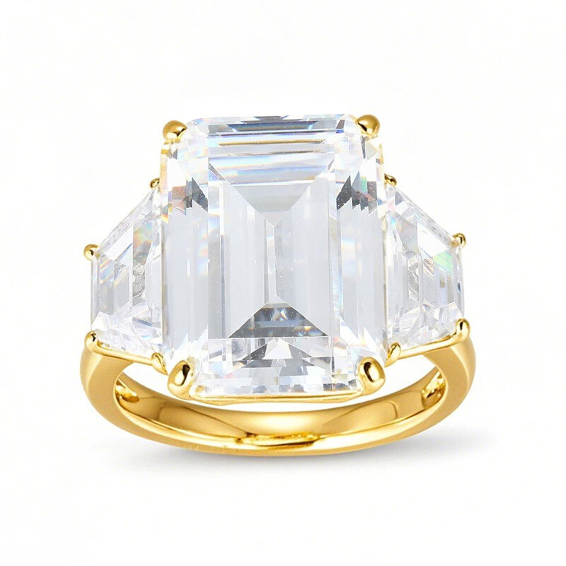 Anillo de tres piedras de oro de 10 quilates con moissanita talla esmeralda creada en laboratorio (12 quilates en total)-1