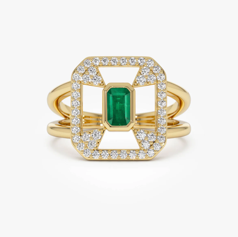 Pierścionek z halo w stylu art déco 14k ze szmaragdem o masie 0,7 ct i diamentami o masie 0,3 ct-1