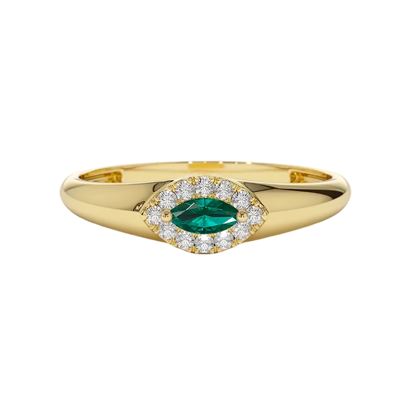 Bague de fiançailles sur mesure en or 10 carats, sertie d'un diamant de laboratoire taille marquise (0,17 carat au total) et d'une émeraude de laboratoire.-1