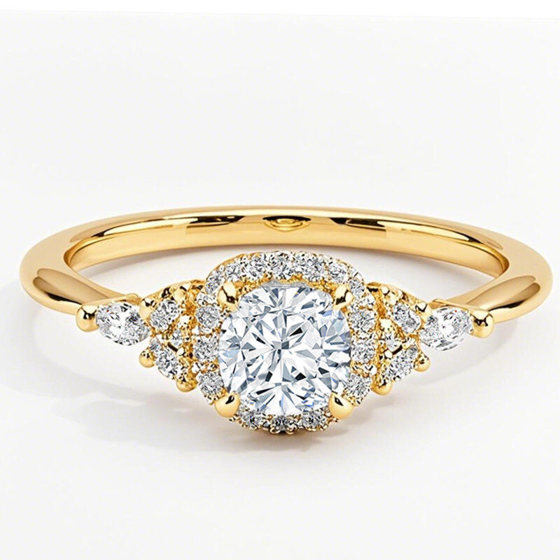 10K Gold Cushion Cut Lab-Grown Diamond Custom Halo Sidestone Engagement Ring-1
