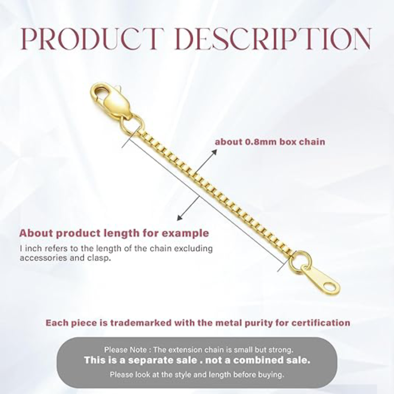 Chaîne d'extension de chaîne de boîte de 0,8 mm en or 10 carats 1,5 pouces pour femmes-2