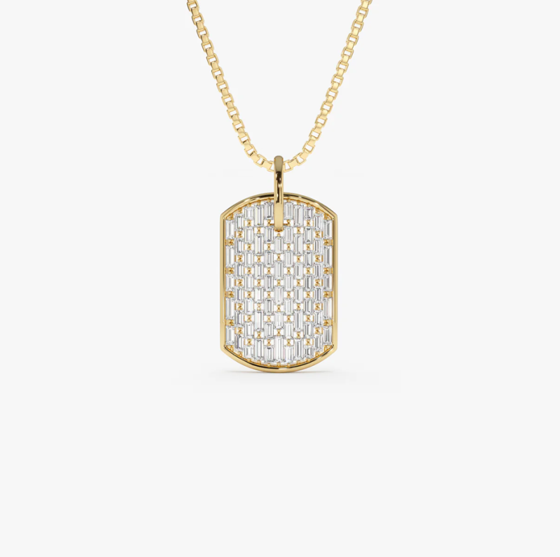 14K Gold 1.25 CT Baguette Diamond Dog Tag Pendant-1