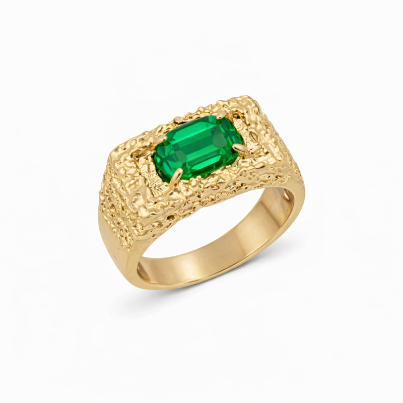 Anillo de oro blanco de 10 quilates con esmeralda artificial de talla ovalada para hombre.-3