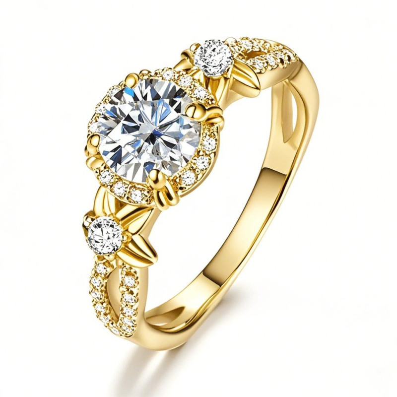 Bague de fiançailles en or 18 carats avec moissanite taille ronde et halo sur anneau fendu-1
