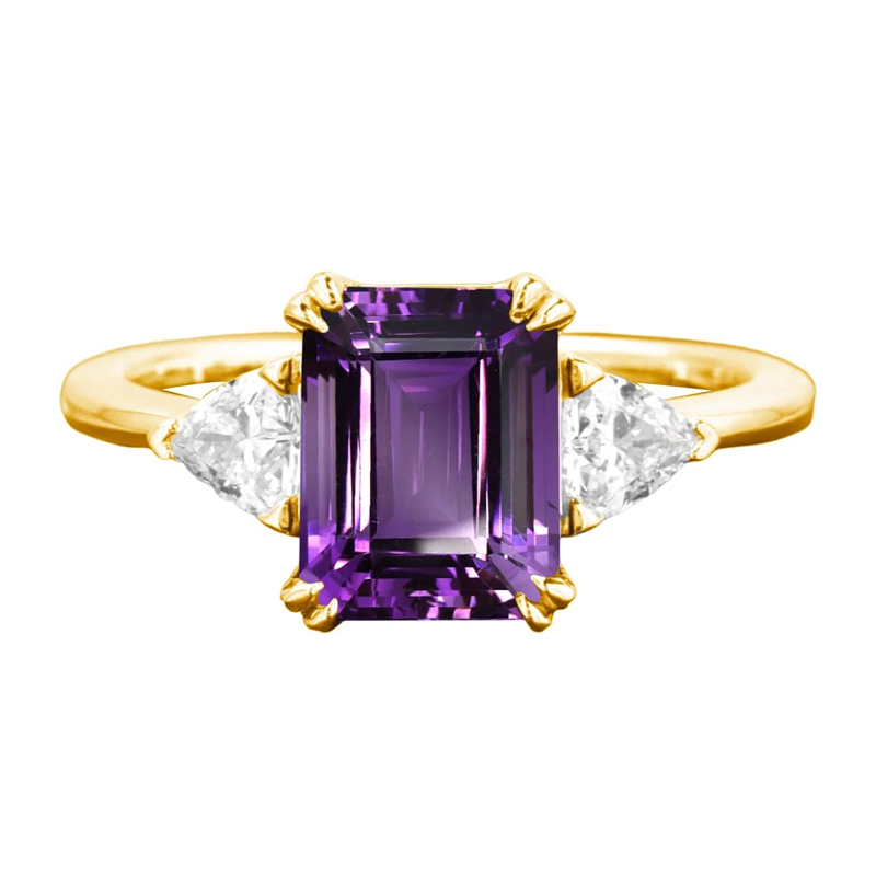 Verlobungsring aus 14-karätigem Gold mit 1 Karat smaragdgeschliffenem Amethyst und drei Steinen-1