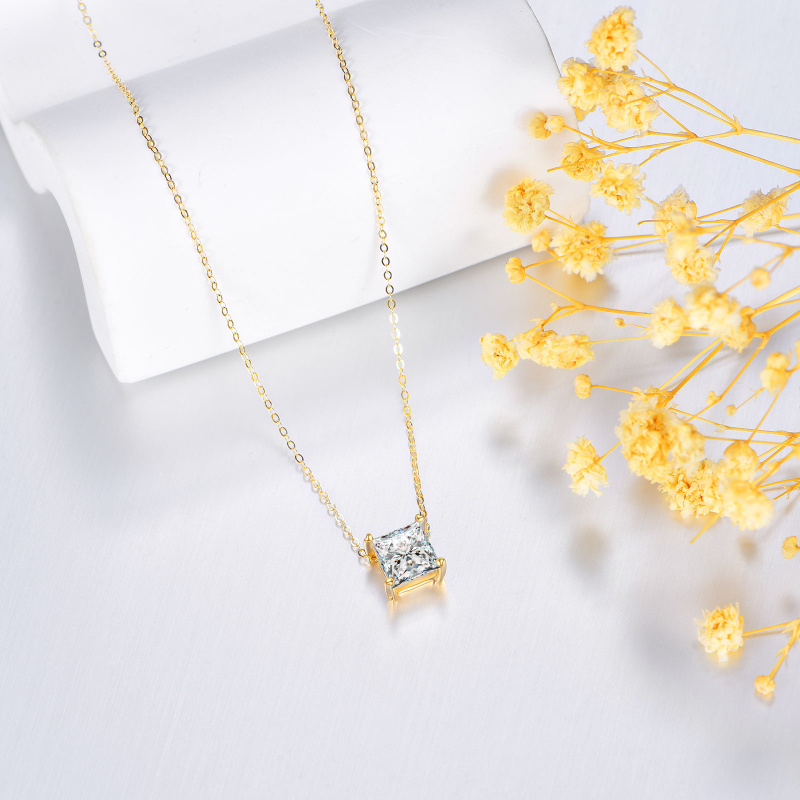 14K Gold 1 CT Moissanite Square Pendant Necklace-3