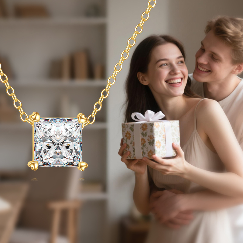 14K Gold 1 CT Moissanite Square Pendant Necklace-5