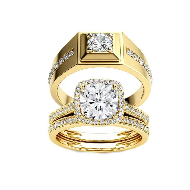 10K Gold 1 to 3.5 CT Round Cut & Cushion Cut Lab Created Diamond Custom Couple Rings D Color VVS1-VS1 Clarity 3EX IGI Certified-3