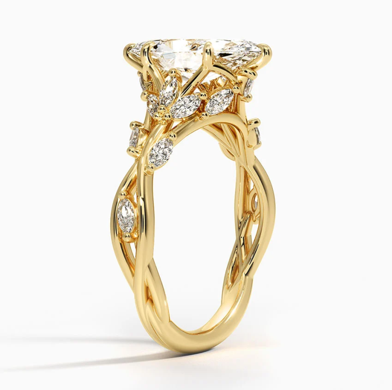 Anillo de compromiso de oro de 18 quilates con diamantes de laboratorio talla marquesa de 1 a 3,5 quilates, con diseño de hojas y certificado IGI.-2