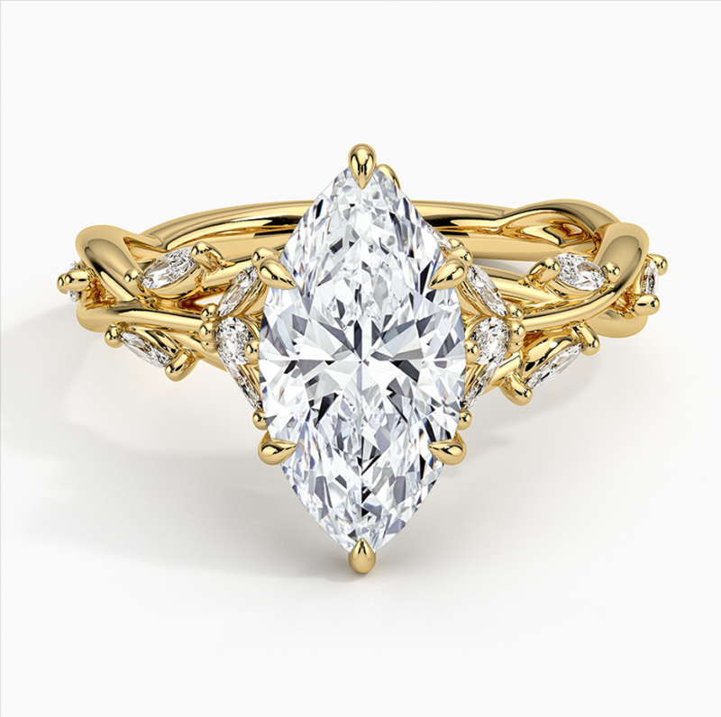 Anillo de compromiso de oro de 18 quilates con diamantes de laboratorio talla marquesa de 1 a 3,5 quilates, con diseño de hojas y certificado IGI.-1
